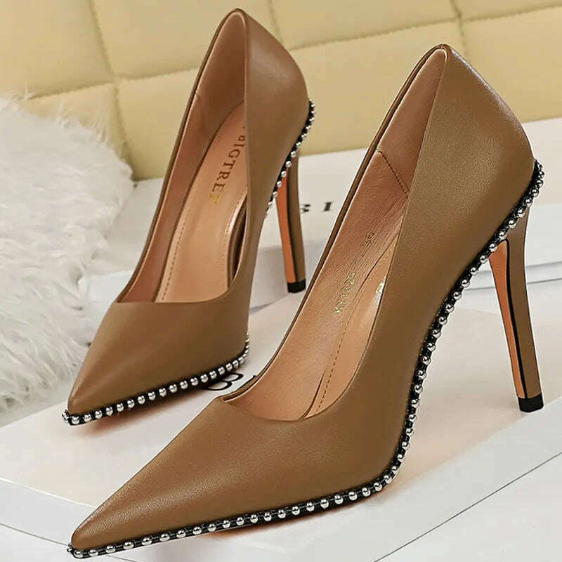 KIMLUD, BIGTREE Shoes Rivet Woman Pumps 2023 New High Heels Stiletto Pu Leather Women Heels Sexy Party Shoes Female Heel Plus Size 43, KIMLUD Womens Clothes