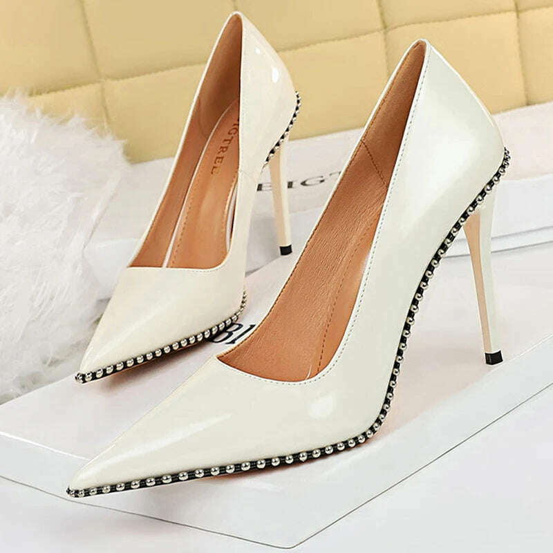 KIMLUD, BIGTREE Shoes Rivet Woman Pumps 2023 New High Heels Stiletto Pu Leather Women Heels Sexy Party Shoes Female Heel Plus Size 43, KIMLUD Womens Clothes