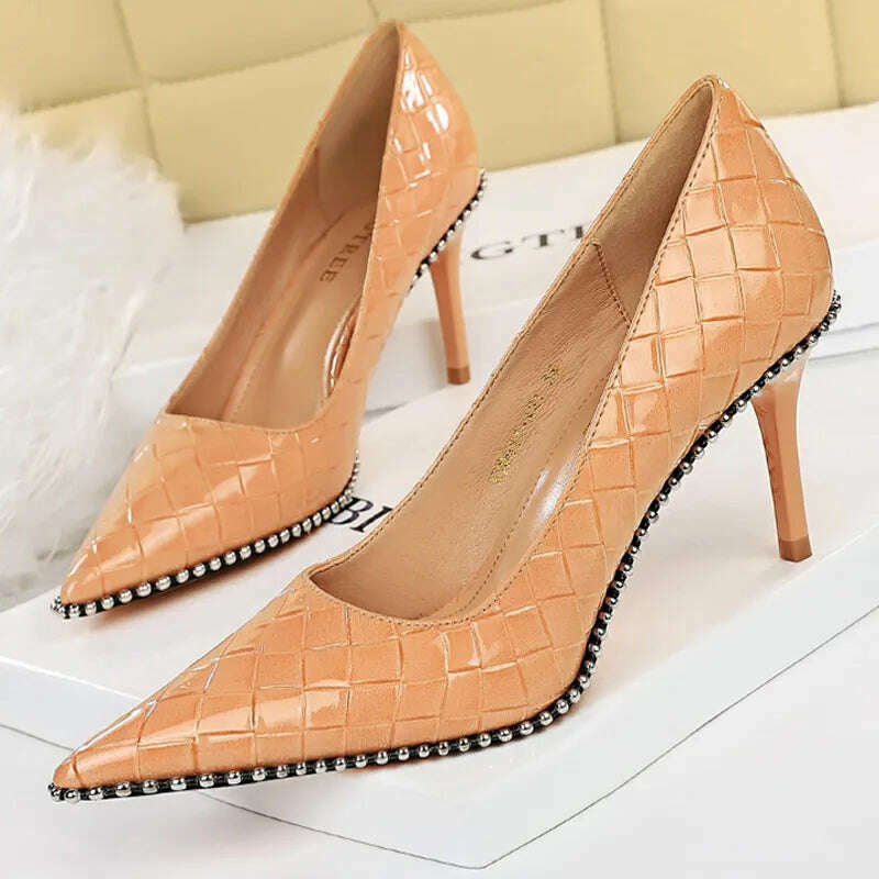 BIGTREE Shoes Rivet Woman Pumps 2023 New High Heels Stiletto Pu Leather Women Heels Sexy Party Shoes Female Heel Plus Size 43 - KIMLUD