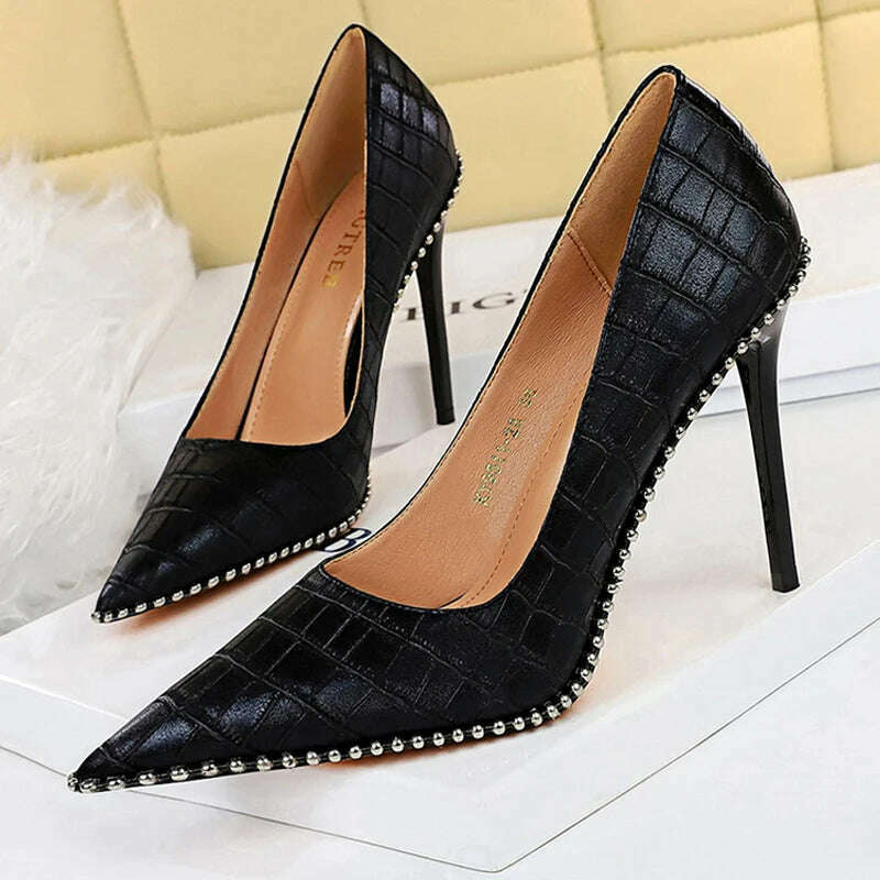 BIGTREE Shoes Rivet Woman Pumps 2023 New High Heels Stiletto Pu Leather Women Heels Sexy Party Shoes Female Heel Plus Size 43 - KIMLUD