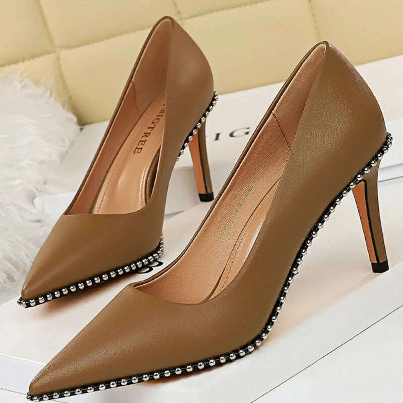 KIMLUD, BIGTREE Shoes Rivet Woman Pumps 2023 New High Heels Stiletto Pu Leather Women Heels Sexy Party Shoes Female Heel Plus Size 43, 1829-A3-Khaki7.5cm / 34, KIMLUD Womens Clothes