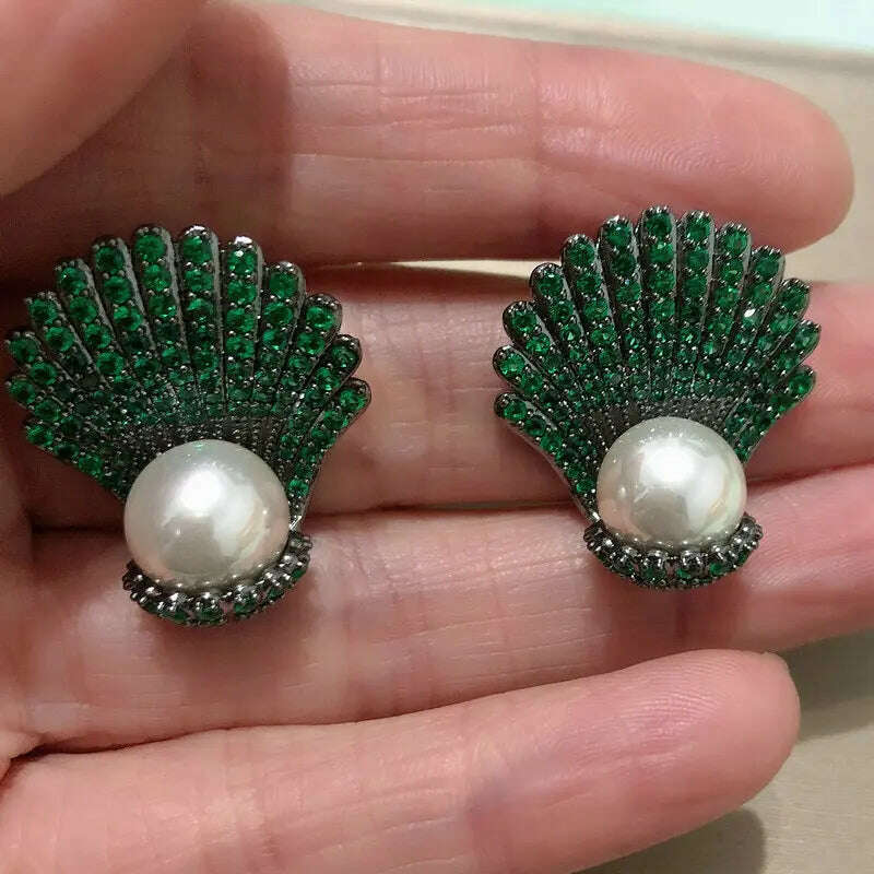 KIMLUD, Bilincolor White Pearl  Green Clam Shell Earring for Women, KIMLUD Womens Clothes