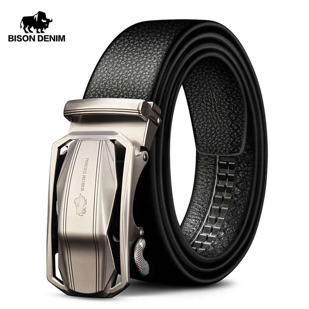 BISON DENIM Brand Men's Belt Genuine Leather Male Belts Male Automatic Buckle Casual Business Men Belt Strap 3.4 Width N71283 - KIMLUD