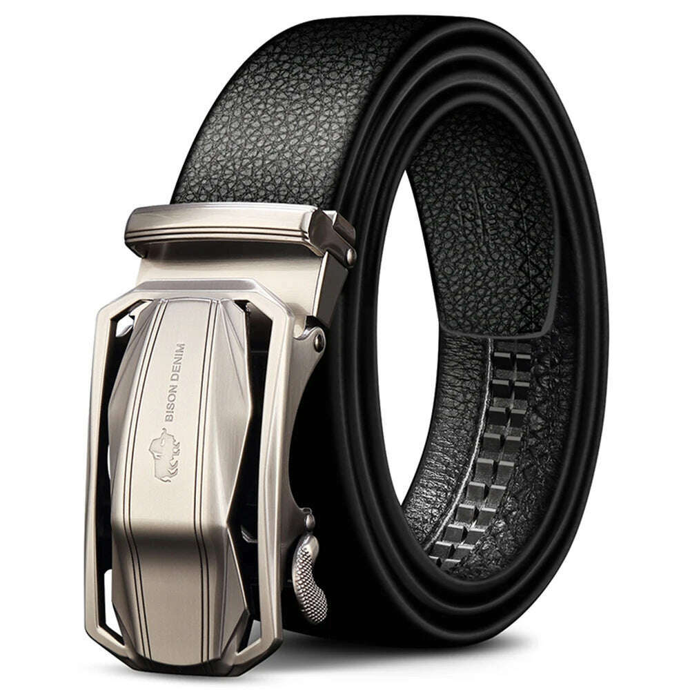 BISON DENIM Brand Men's Belt Genuine Leather Male Belts Male Automatic Buckle Casual Business Men Belt Strap 3.4 Width N71283 - KIMLUD