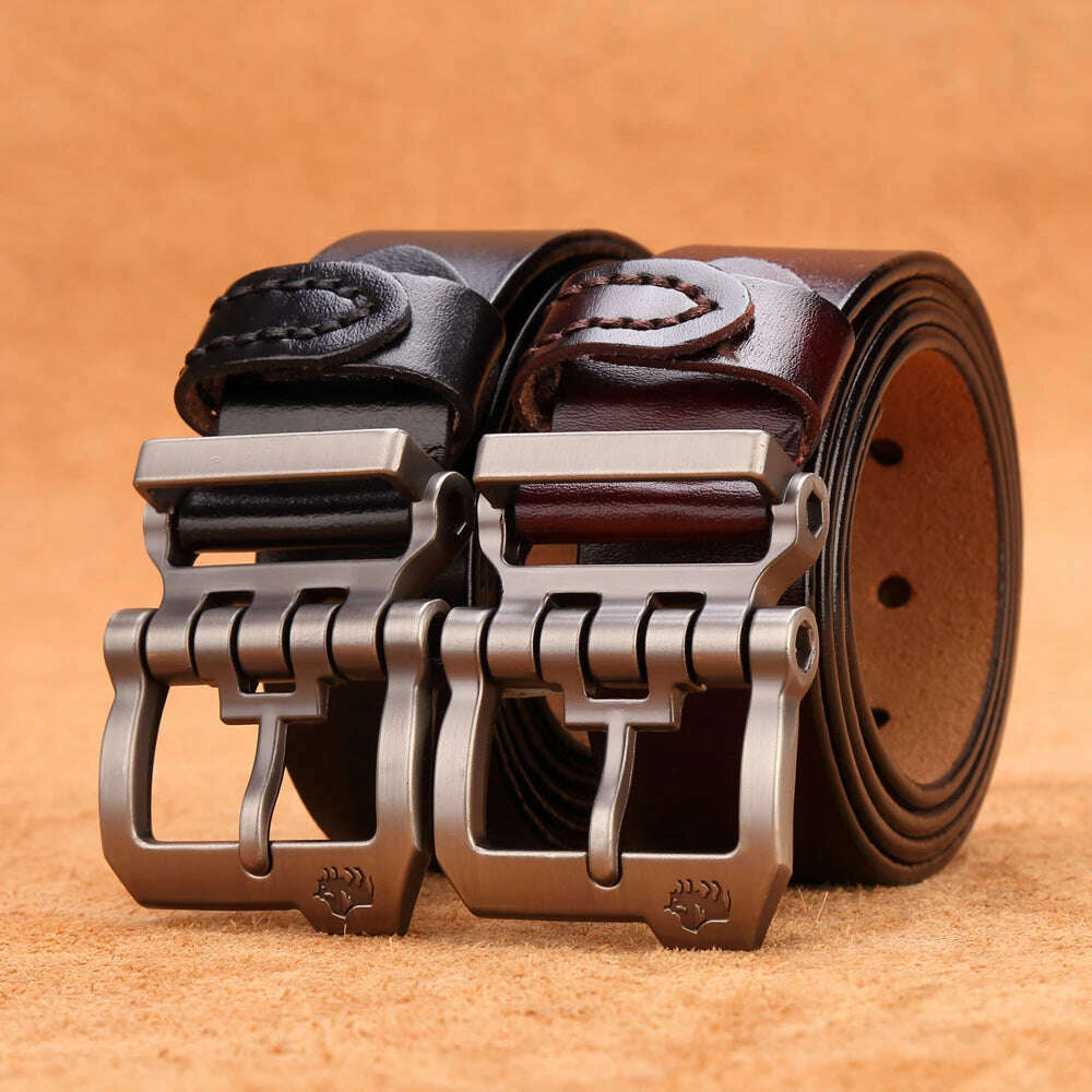 KIMLUD, BISON DENIM Men Belt For Men Cowskin Genuine Leather Personality Men belt Buckle Quality Male Brown Strap Vintage Jeans N71223, KIMLUD Womens Clothes