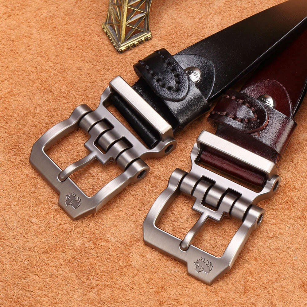 KIMLUD, BISON DENIM Men Belt For Men Cowskin Genuine Leather Personality Men belt Buckle Quality Male Brown Strap Vintage Jeans N71223, KIMLUD Womens Clothes