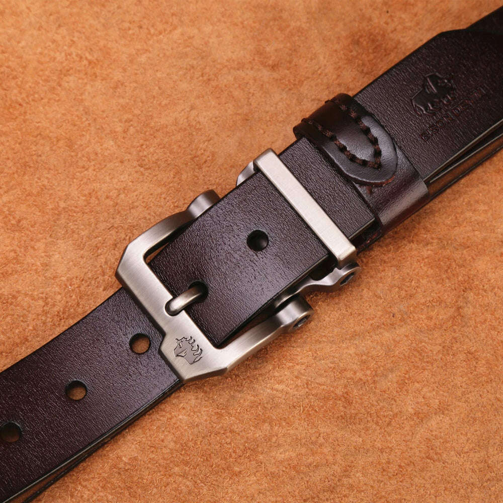 KIMLUD, BISON DENIM Men Belt For Men Cowskin Genuine Leather Personality Men belt Buckle Quality Male Brown Strap Vintage Jeans N71223, KIMLUD Womens Clothes
