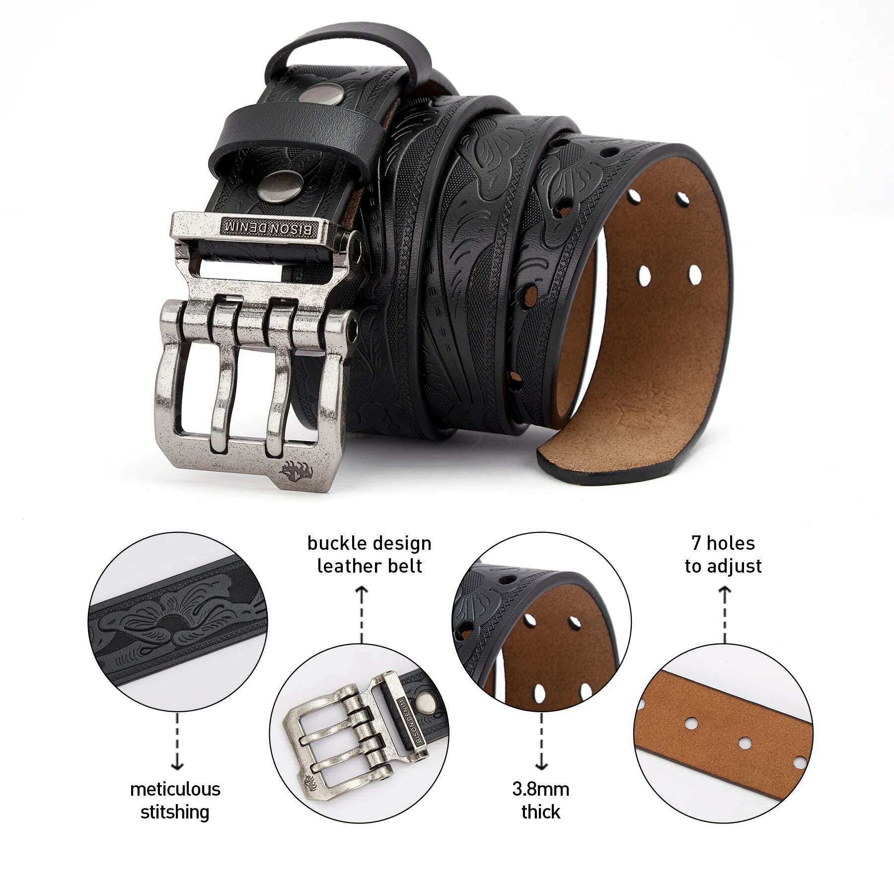 BISON DENIM Men Belts Cow Split Genuine Leather Pin Buckle Business Waist Straps Retro Pin Buckle Fancy Male Belt For Jeans - KIMLUD