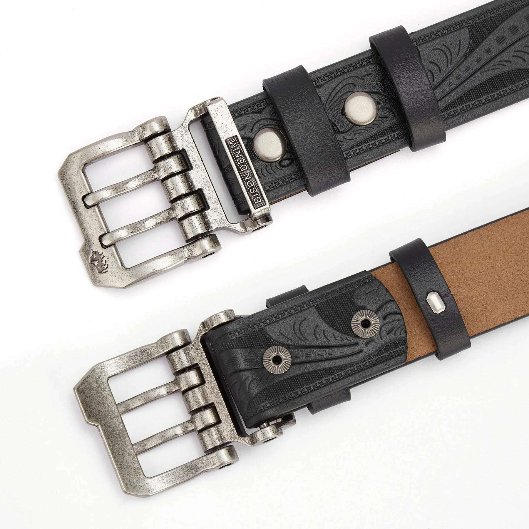 BISON DENIM Men Belts Cow Split Genuine Leather Pin Buckle Business Waist Straps Retro Pin Buckle Fancy Male Belt For Jeans - KIMLUD