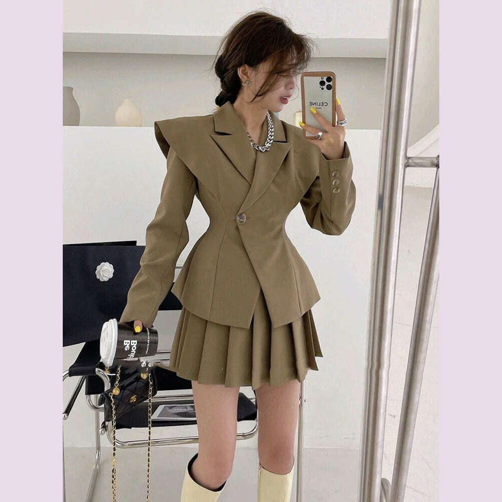 KIMLUD, BJTZ Fashion Office Lady Designer Short Blazer Women's Clothing Coat 2024 Spring Autumn New Fashion Pleated Skirt 2 Piece Female, L / Coffee, KIMLUD APPAREL - Womens Clothes