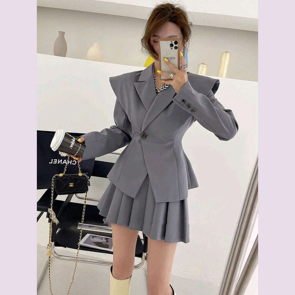 KIMLUD, BJTZ Fashion Office Lady Designer Short Blazer Women's Clothing Coat 2024 Spring Autumn New Fashion Pleated Skirt 2 Piece Female, L / Gray, KIMLUD APPAREL - Womens Clothes