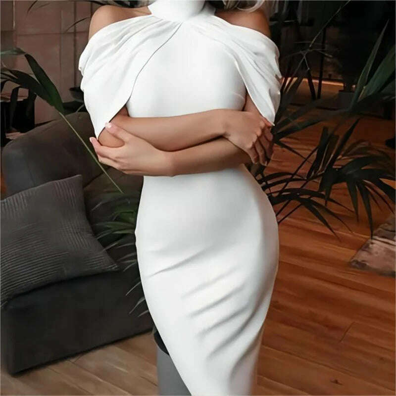 KIMLUD, BKLD Women Fashion Elegant Off-shoulder Dress Turtleneck Draped Pleated High Waist Sheath Wrap Hip White Dress Party Office Wear, WHITE / XXL, KIMLUD APPAREL - Womens Clothes