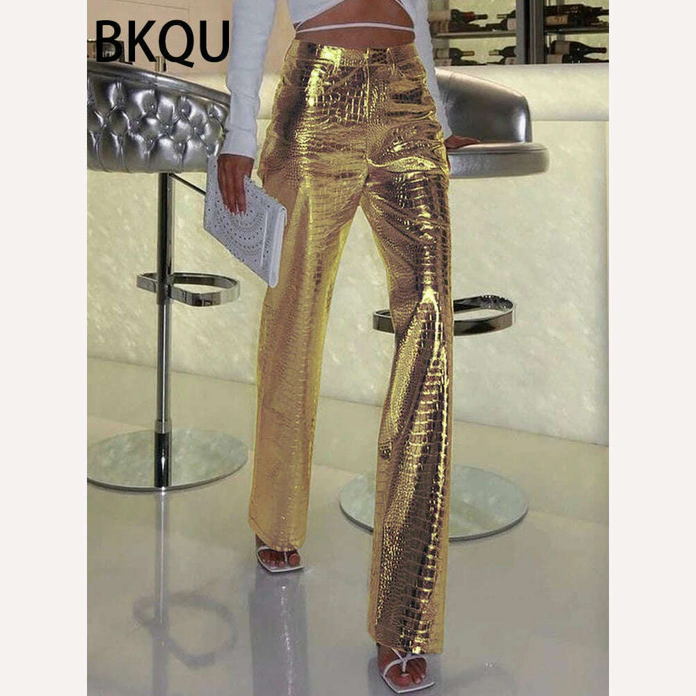 BKQU Gold Sliver Leather Straight Wide Leg Pants for Women 2024 Fashion Streetwear High Waist Scale Leather Party Club Trousers - KIMLUD