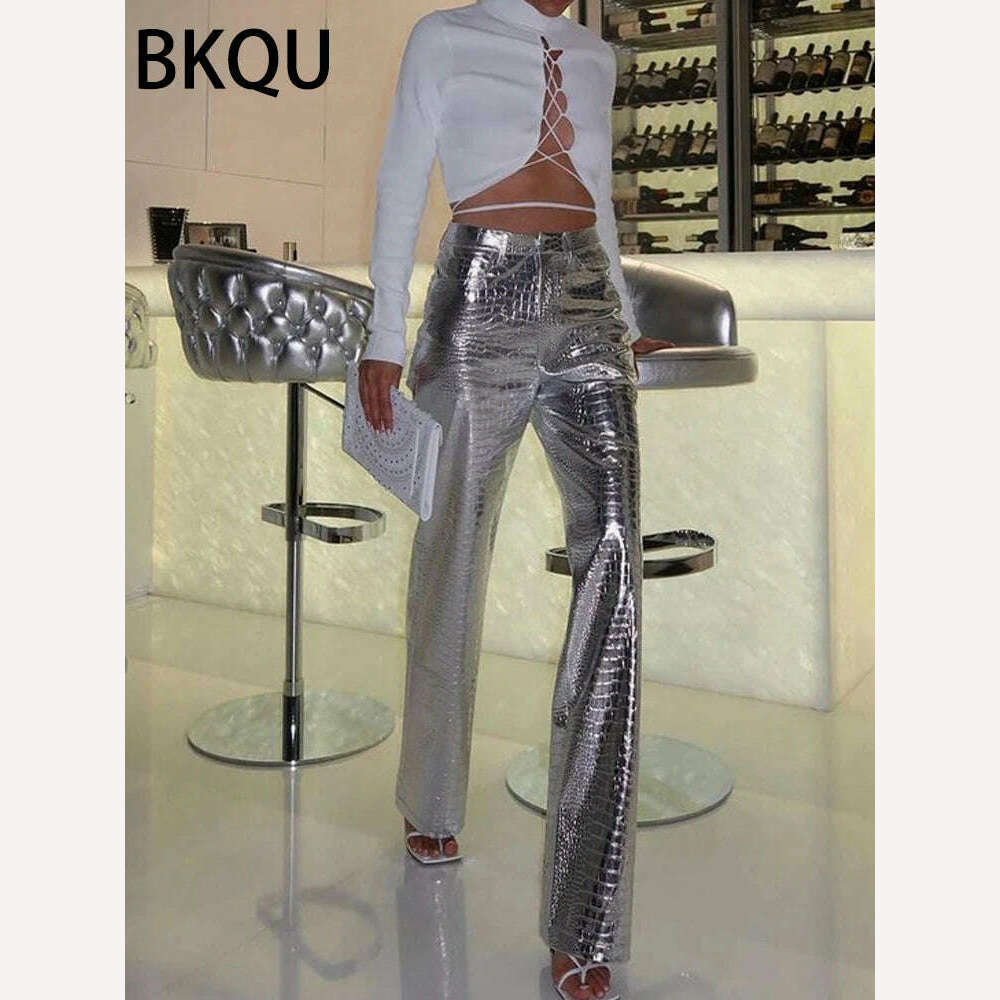 BKQU Gold Sliver Leather Straight Wide Leg Pants for Women 2024 Fashion Streetwear High Waist Scale Leather Party Club Trousers - KIMLUD