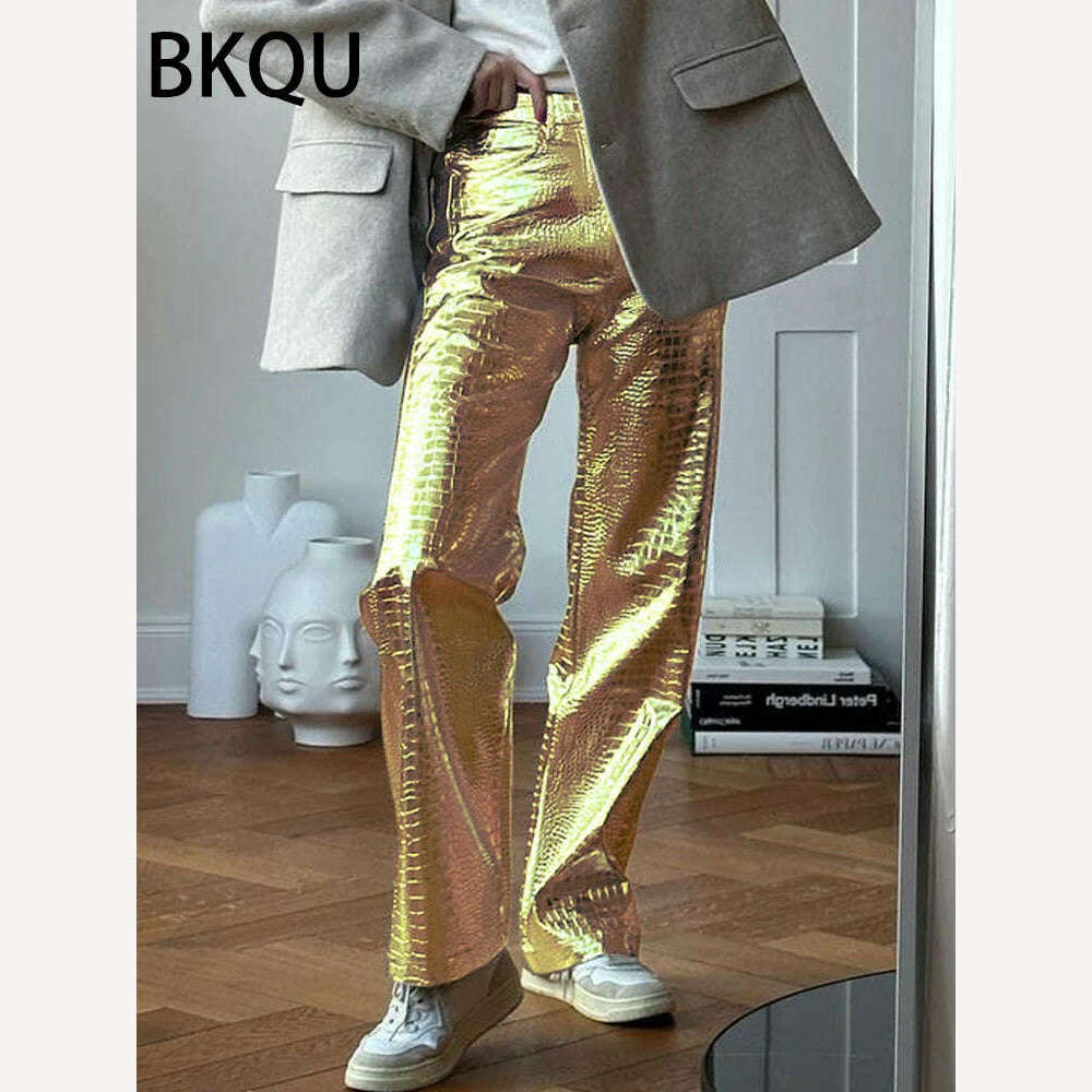 BKQU Gold Sliver Leather Straight Wide Leg Pants for Women 2024 Fashion Streetwear High Waist Scale Leather Party Club Trousers - KIMLUD