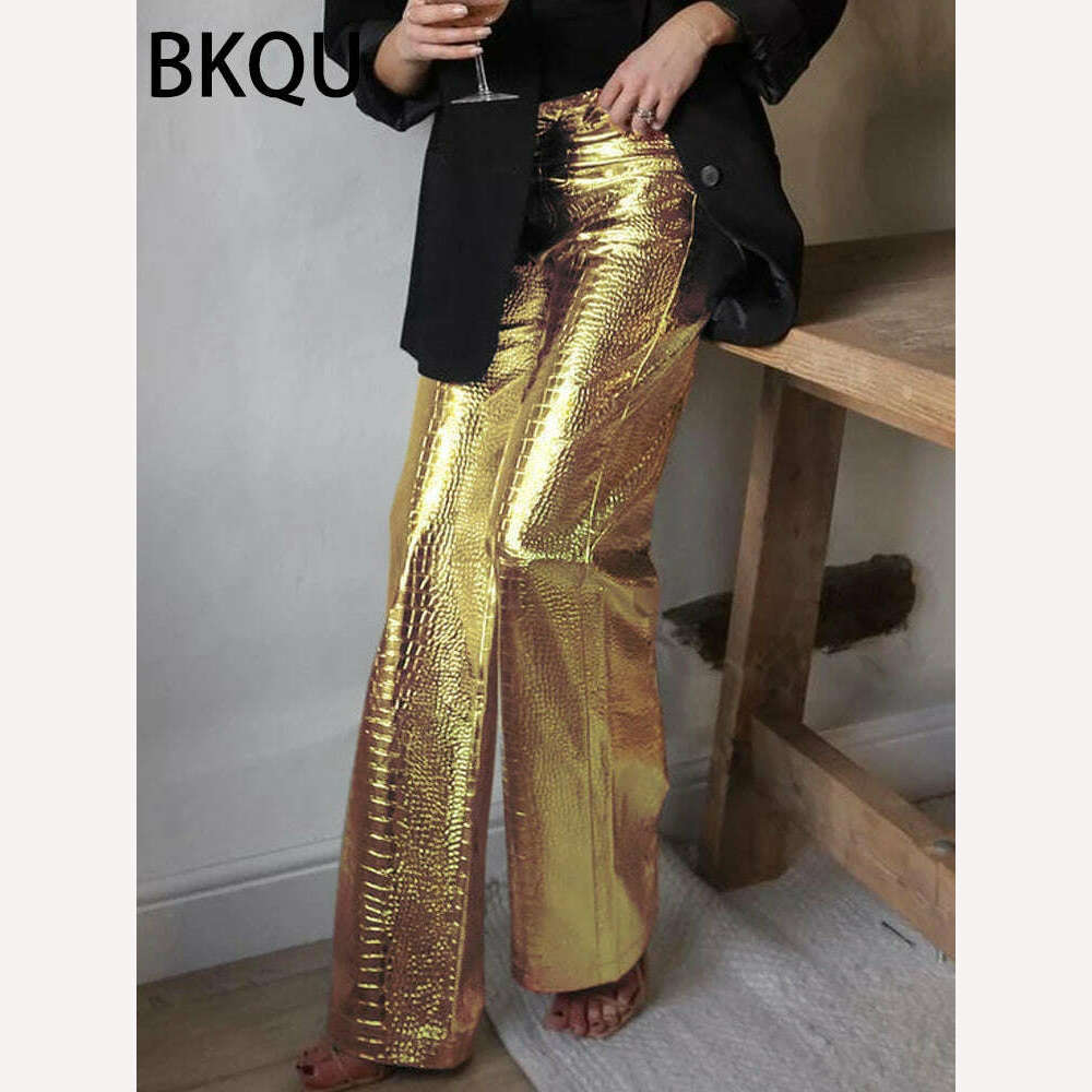 BKQU Gold Sliver Leather Straight Wide Leg Pants for Women 2024 Fashion Streetwear High Waist Scale Leather Party Club Trousers - KIMLUD