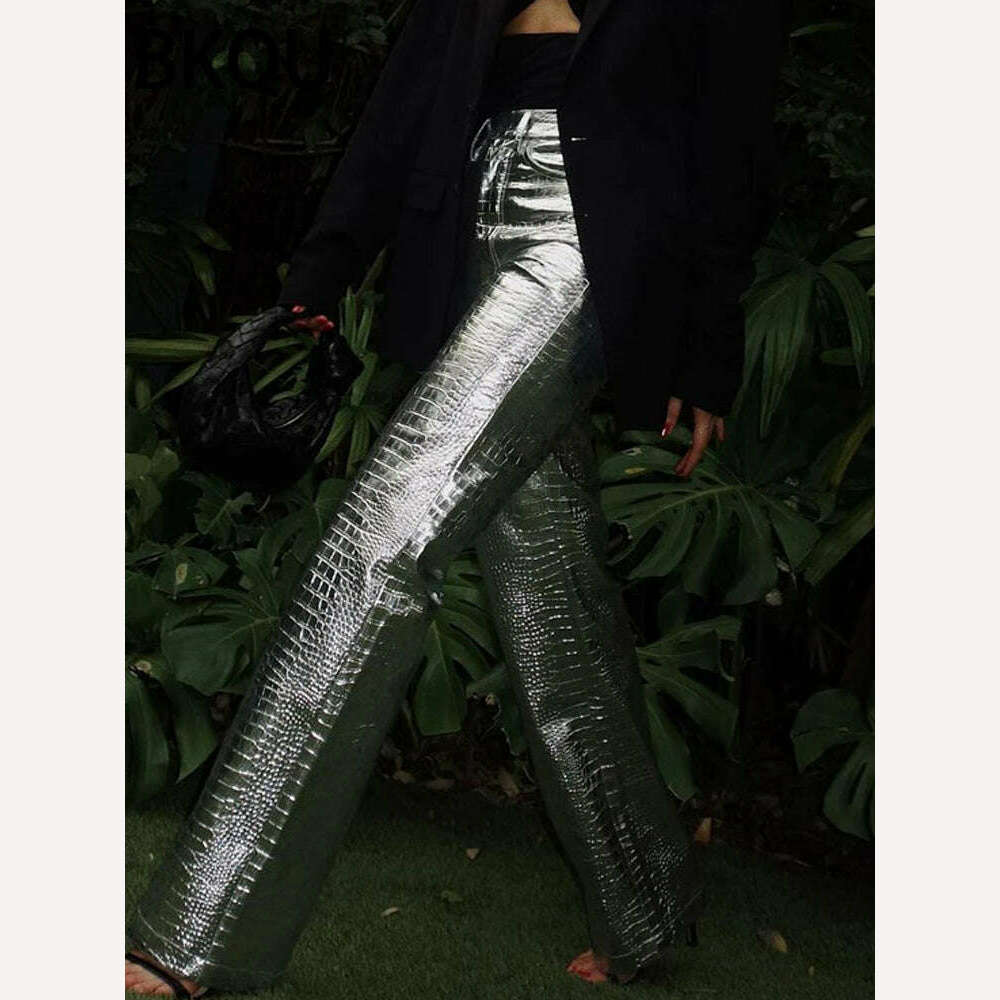 BKQU Gold Sliver Leather Straight Wide Leg Pants for Women 2024 Fashion Streetwear High Waist Scale Leather Party Club Trousers - KIMLUD