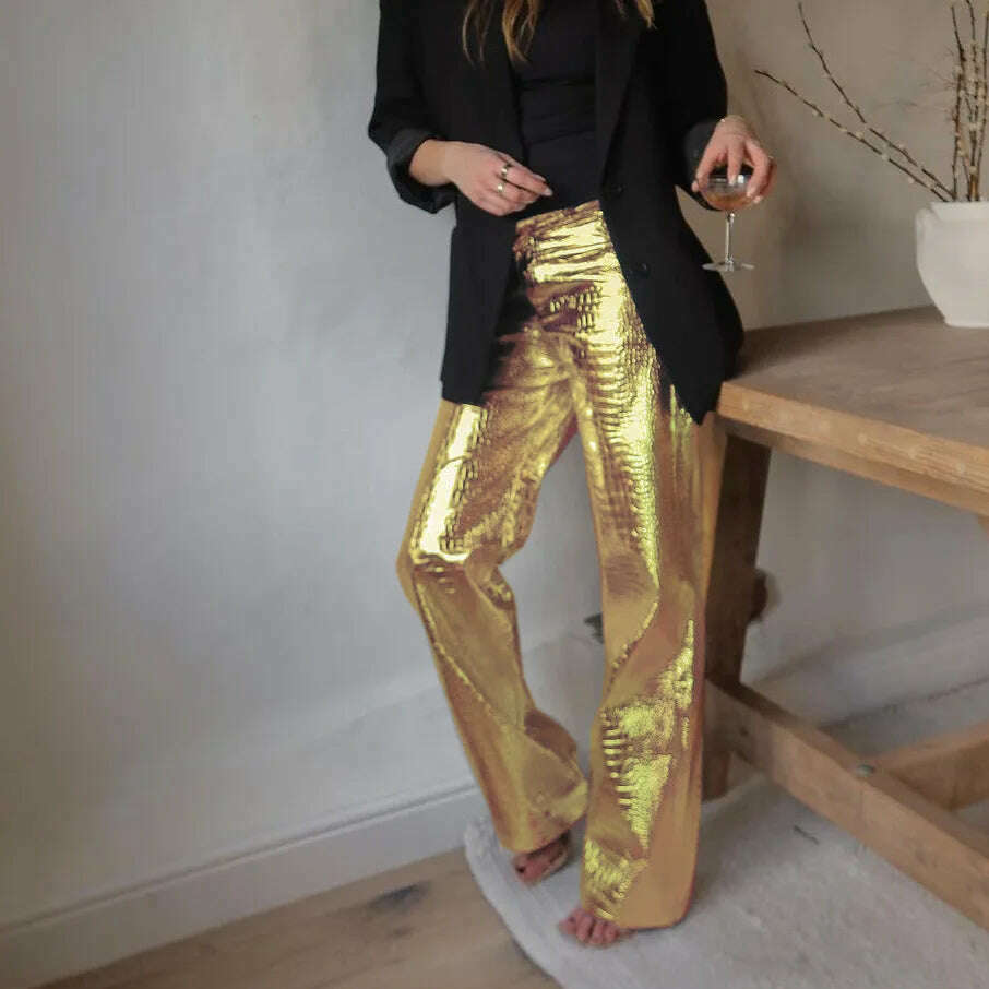 BKQU Gold Sliver Leather Straight Wide Leg Pants for Women 2024 Fashion Streetwear High Waist Scale Leather Party Club Trousers - KIMLUD