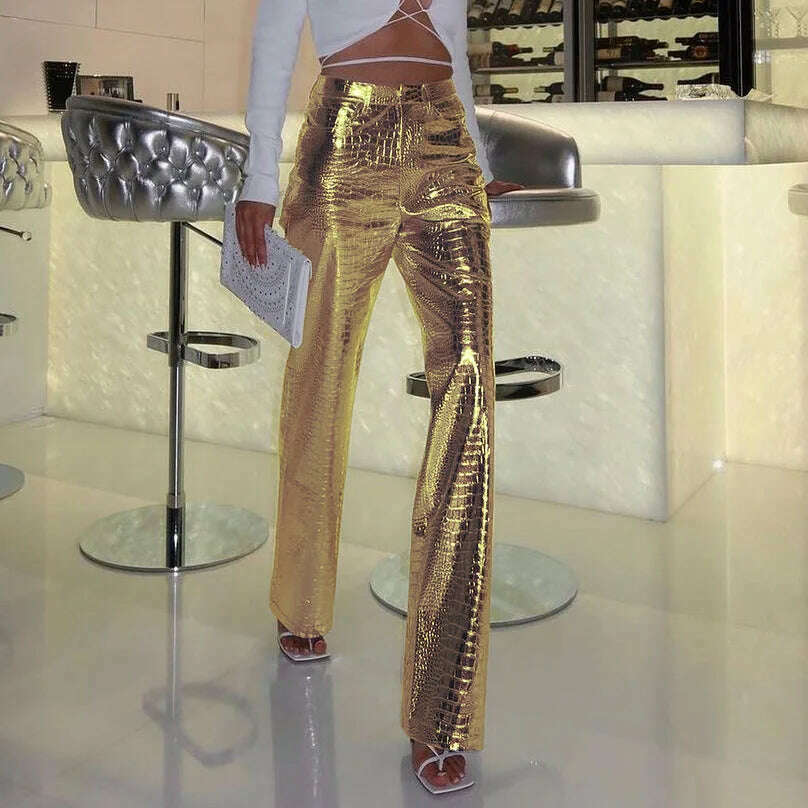 BKQU Gold Sliver Leather Straight Wide Leg Pants for Women 2024 Fashion Streetwear High Waist Scale Leather Party Club Trousers - KIMLUD