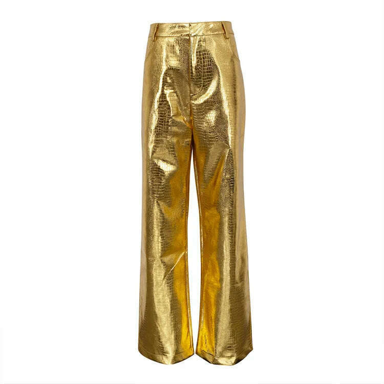 BKQU Gold Sliver Leather Straight Wide Leg Pants for Women 2024 Fashion Streetwear High Waist Scale Leather Party Club Trousers - KIMLUD