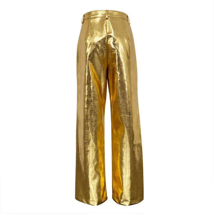 BKQU Gold Sliver Leather Straight Wide Leg Pants for Women 2024 Fashion Streetwear High Waist Scale Leather Party Club Trousers - KIMLUD