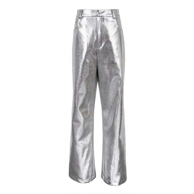 BKQU Gold Sliver Leather Straight Wide Leg Pants for Women 2024 Fashion Streetwear High Waist Scale Leather Party Club Trousers - KIMLUD