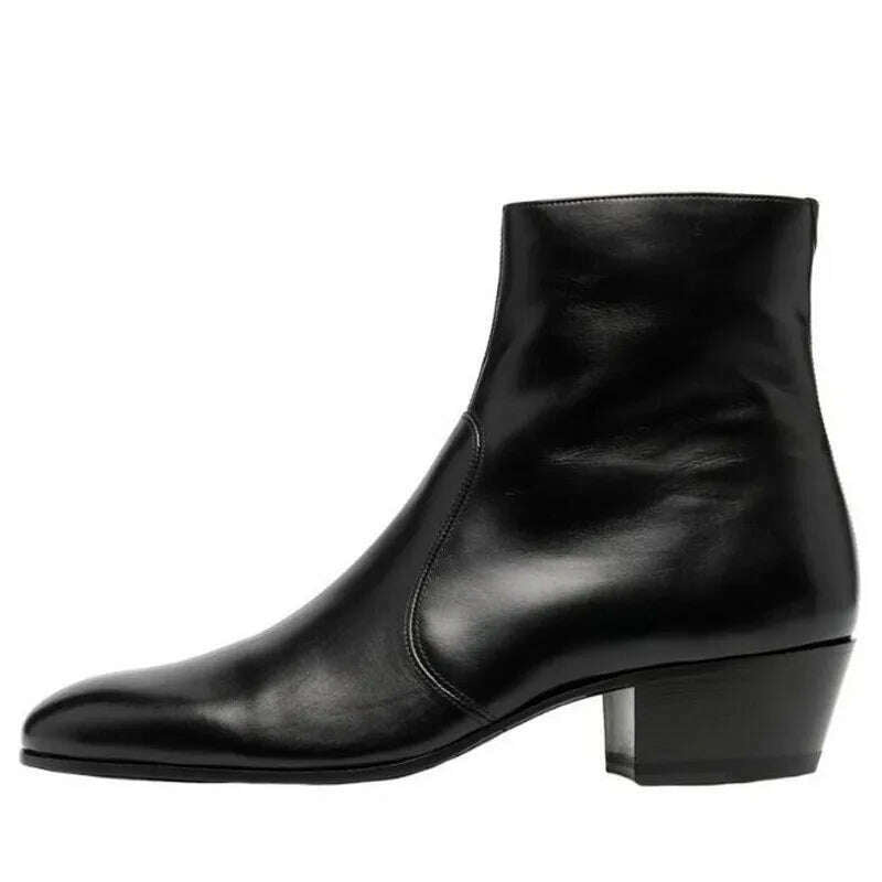 Black Genuine Leather Mens Chelsea Boots High top High Heel Motorcycle Boots Western Shoes Big Size 46 Hombre - KIMLUD