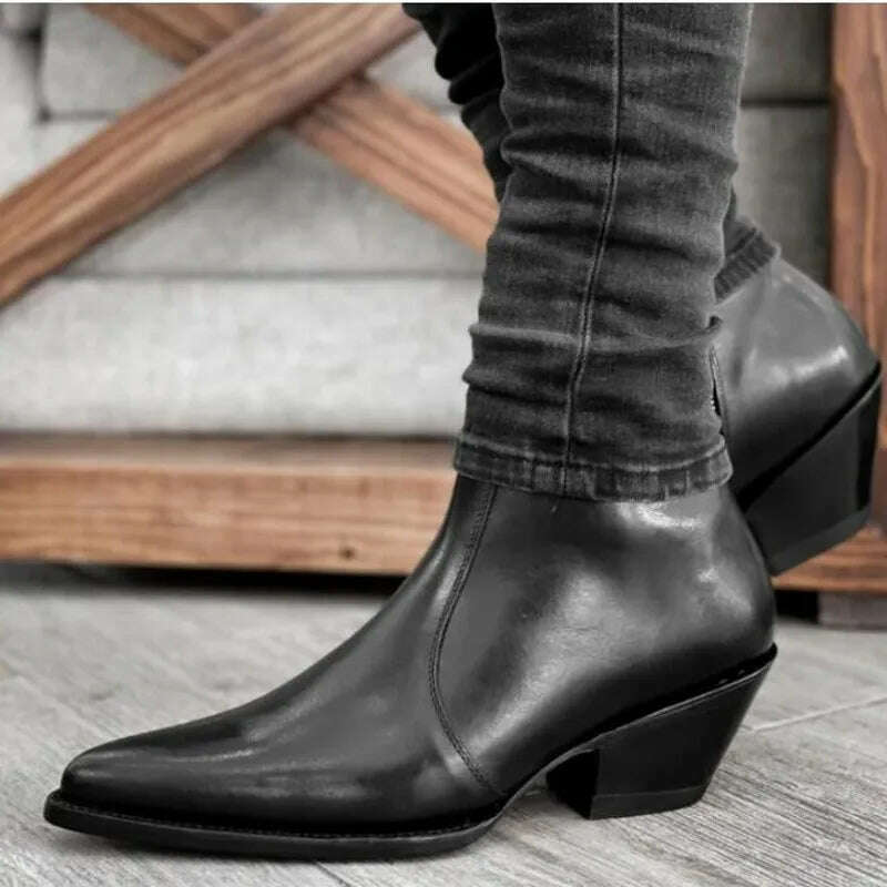 Black Genuine Leather Mens Chelsea Boots High top High Heel Motorcycle Boots Western Shoes Big Size 46 Hombre - KIMLUD