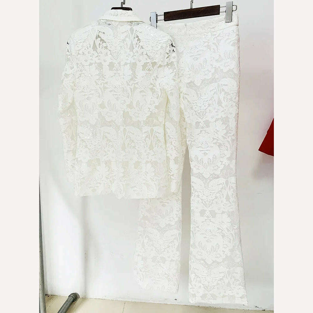 Black Lace Mesh Embroidered Sequin Pant Sets White New Designer Sequins Blazer Pants Set 2Pieces Suits Pants Punk Suit Outfis - KIMLUD