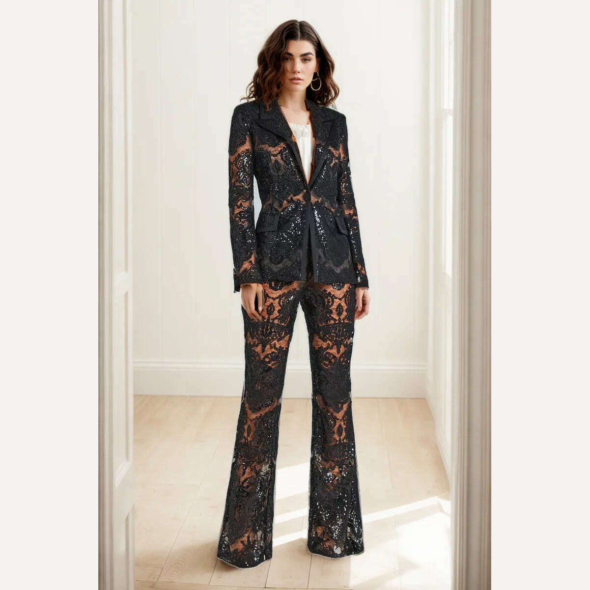 Black Lace Mesh Embroidered Sequin Pant Sets White New Designer Sequins Blazer Pants Set 2Pieces Suits Pants Punk Suit Outfis - KIMLUD