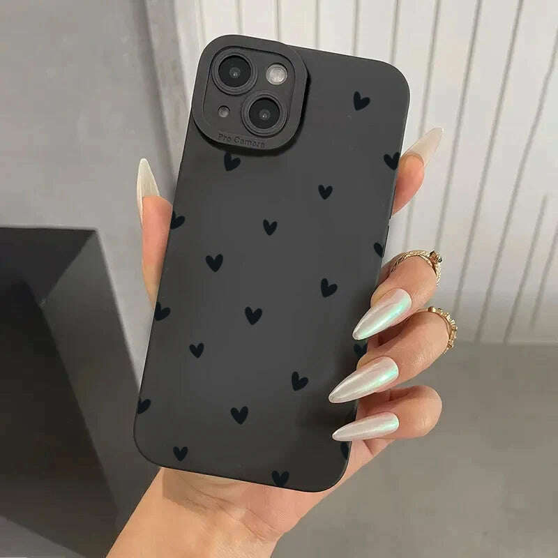 KIMLUD, Black Love Heart Phone Case For iPhone 16 14 15 13 12 11 Pro Max X XR XS 7 8 15 16 Plus SE 2020 Shockproof Silicone Soft Cover, KIMLUD Womens Clothes