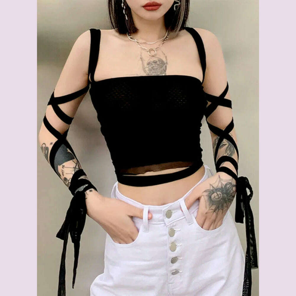 KIMLUD, Black Mesh Lace Up Bandage Crop Top Fairy Grunge Aesthetic Clothes Cyber Y2k Mall Goth Tanks Sexy Clothing, KIMLUD Womens Clothes