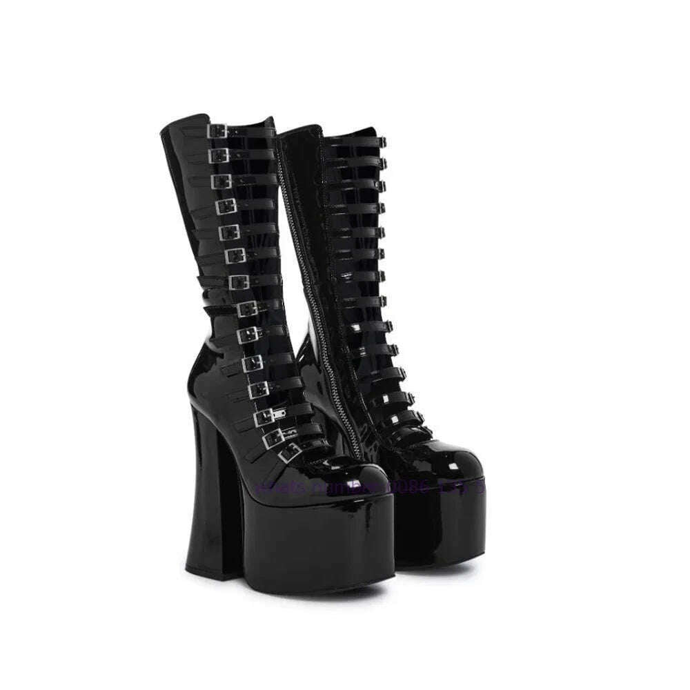 KIMLUD, Black Multi-Buckle Platform Sandals Chunky Heel Cut Out Knee High Sandal Boots for Women 2024 Luxury Runway Shoes Lolita Cute, black / 37, KIMLUD APPAREL - Womens Clothes