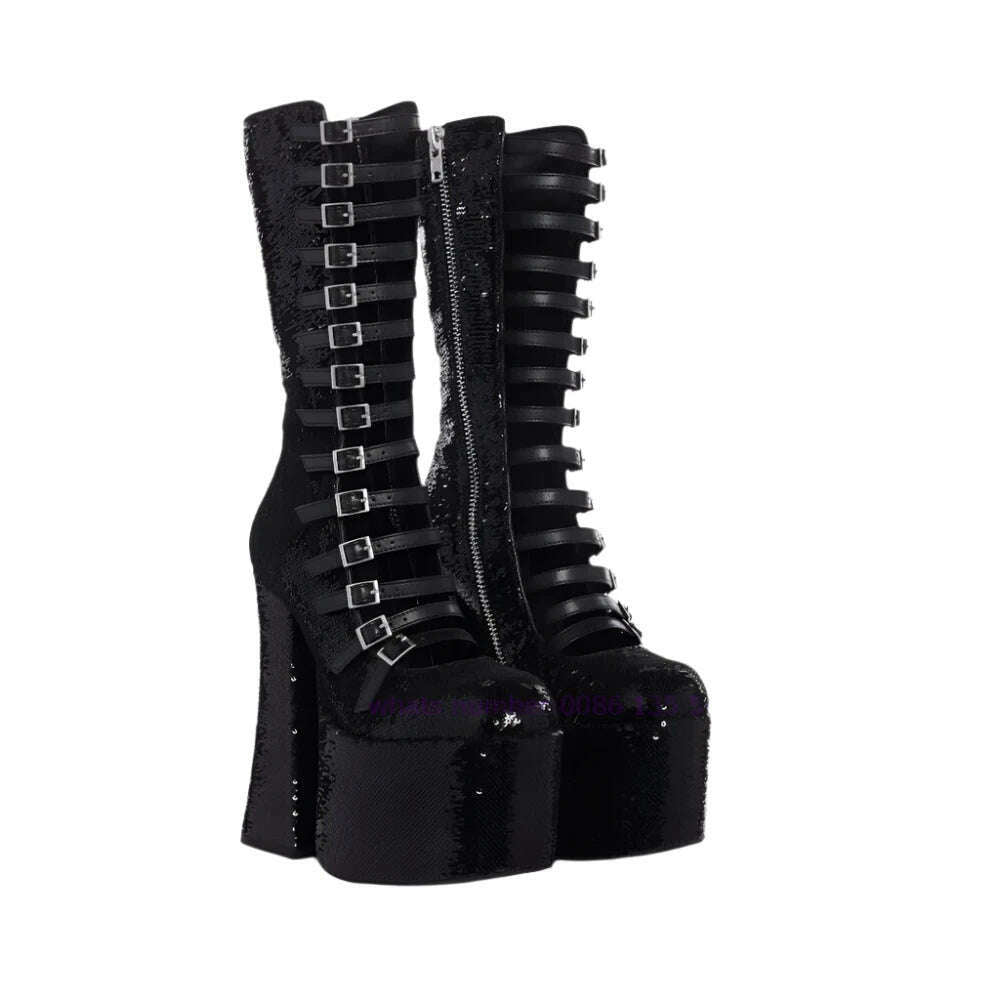 KIMLUD, Black Multi-Buckle Platform Sandals Chunky Heel Cut Out Knee High Sandal Boots for Women 2024 Luxury Runway Shoes Lolita Cute, bling / 45, KIMLUD APPAREL - Womens Clothes