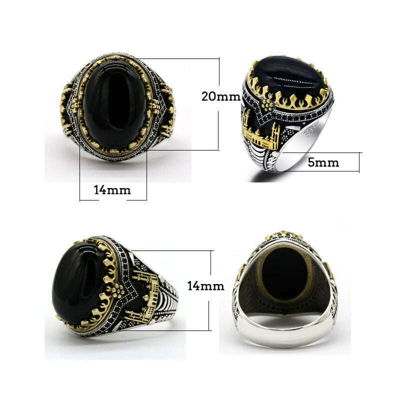 KIMLUD, Black Natural Agate Stone Ring 925 Silver Men's Ring Castle Turkish Constantinople Auspicious Vintage Signet Ring Track Wedding, KIMLUD Womens Clothes