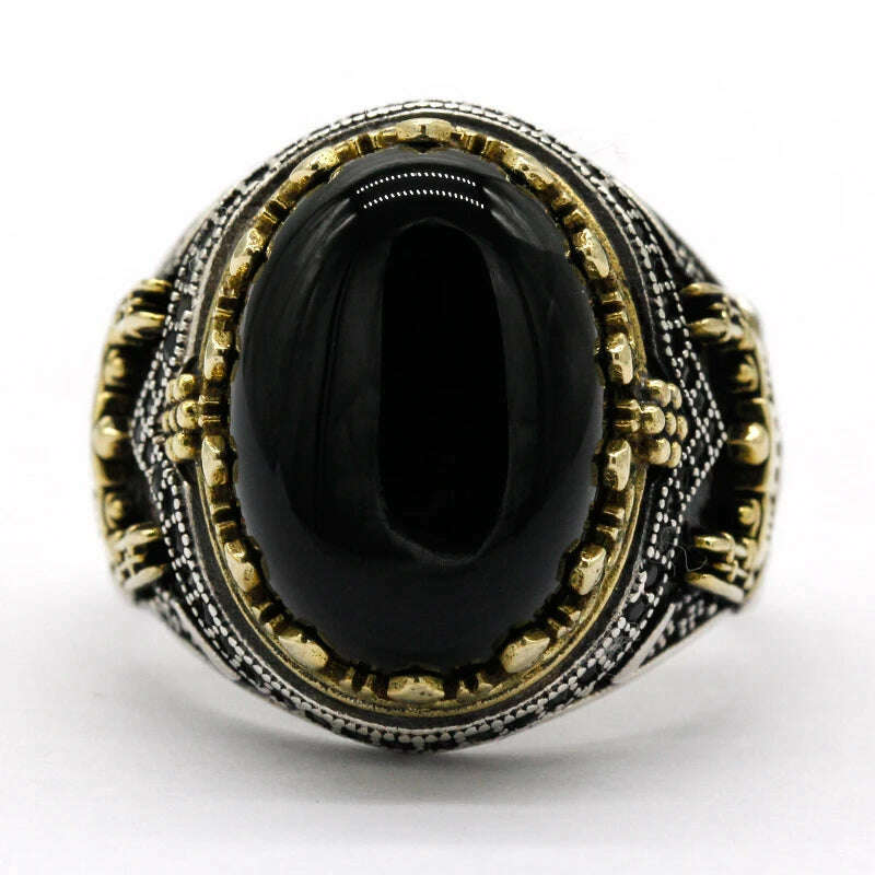 KIMLUD, Black Natural Agate Stone Ring 925 Silver Men's Ring Castle Turkish Constantinople Auspicious Vintage Signet Ring Track Wedding, KIMLUD Womens Clothes