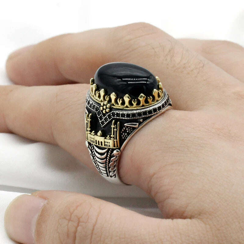 Black Natural Agate Stone Ring 925 Silver Men's Ring Castle Turkish Constantinople Auspicious Vintage Signet Ring Track Wedding - KIMLUD