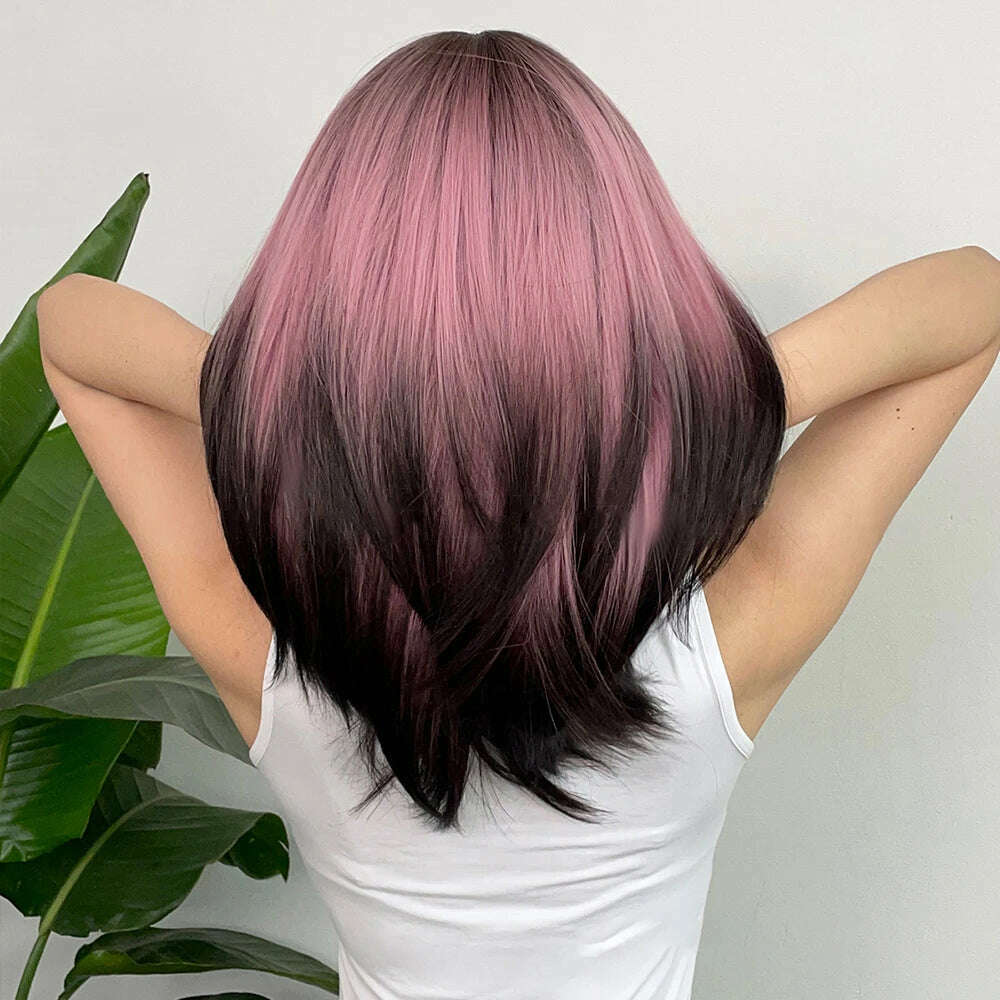 Black Pink Ombre Synthetic Wigs for Cosplay Long Straight Layered Wigs with Bangs for Women Heat Resistant Fake Hair - KIMLUD