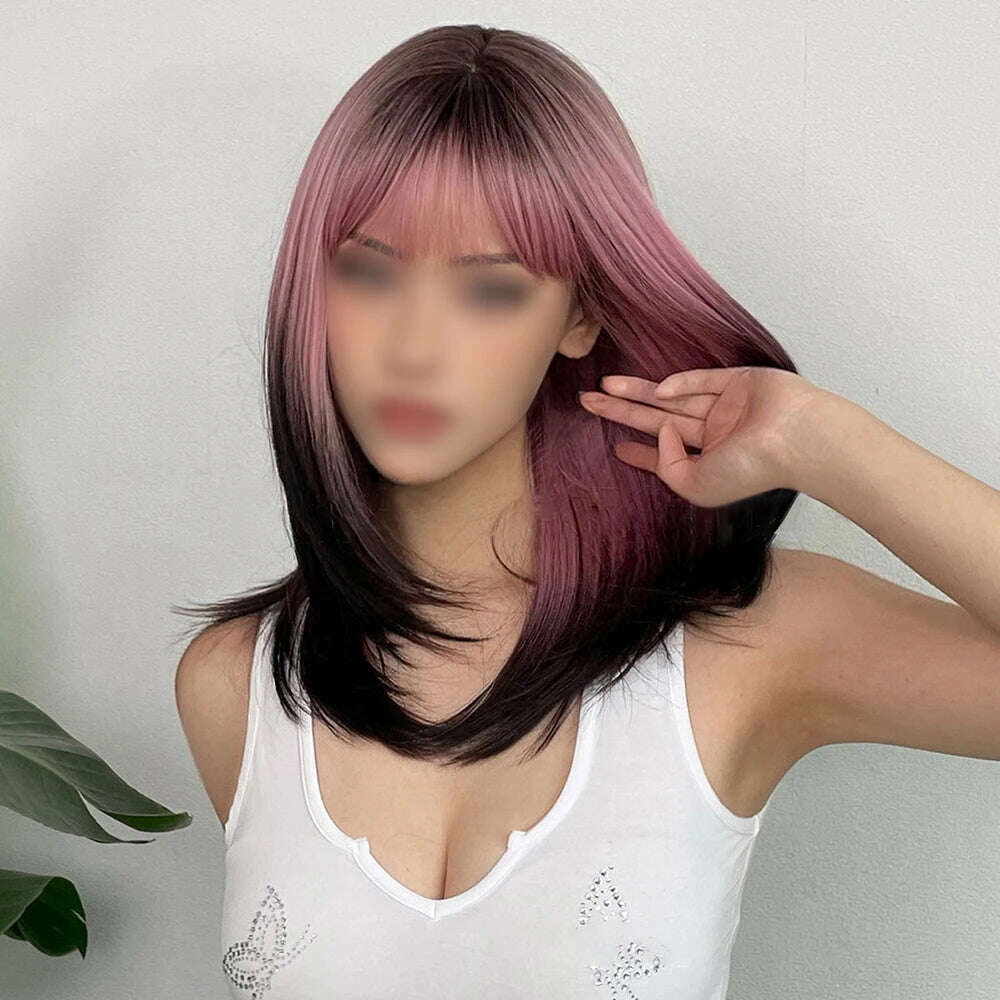 Black Pink Ombre Synthetic Wigs for Cosplay Long Straight Layered Wigs with Bangs for Women Heat Resistant Fake Hair - KIMLUD