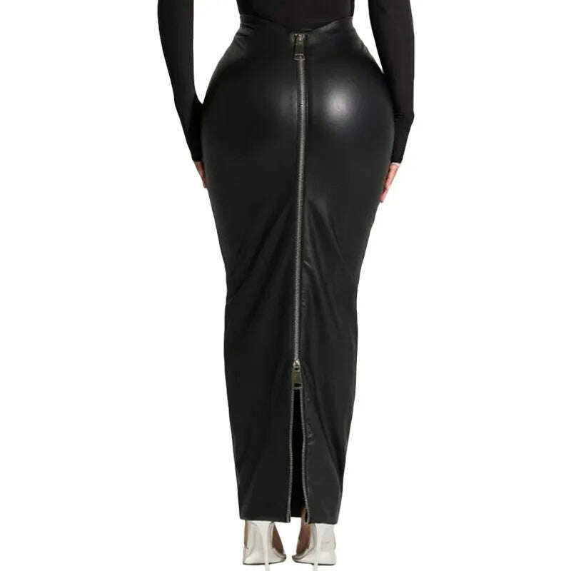 Black PU Leather Long Skirt Sexy Women High Waist Elegant High Street Faux Leather Casual Skirt - KIMLUD