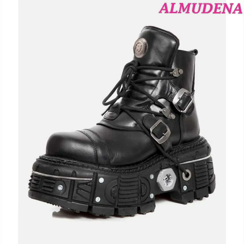 Black Punk Metal Buckled Boots Women Platform Thick Sole Lace up Rock Leather Shoes Vintage Luxury Designer Y2K Shoe Booties - KIMLUD
