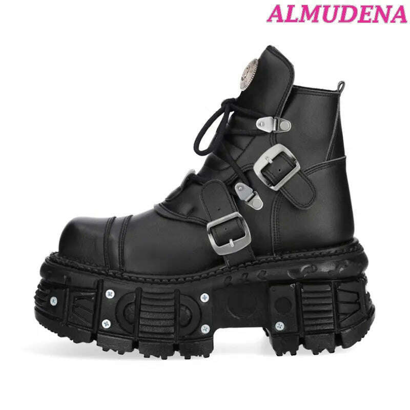 Black Punk Metal Buckled Boots Women Platform Thick Sole Lace up Rock Leather Shoes Vintage Luxury Designer Y2K Shoe Booties - KIMLUD