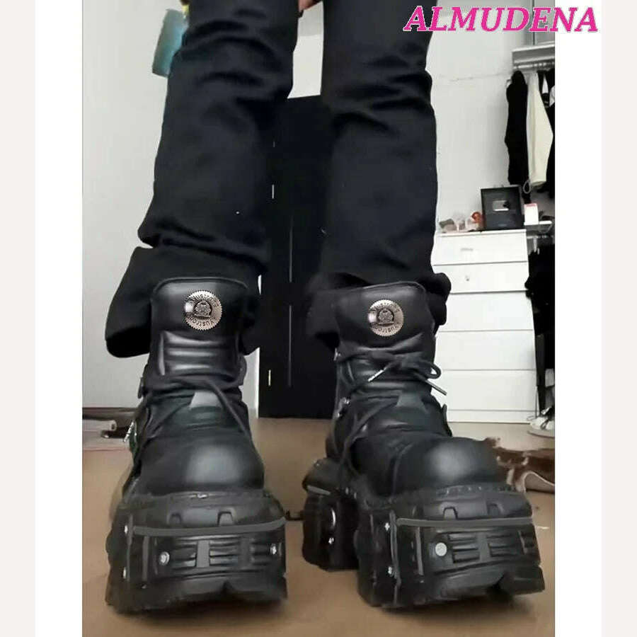 Black Punk Metal Buckled Boots Women Platform Thick Sole Lace up Rock Leather Shoes Vintage Luxury Designer Y2K Shoe Booties - KIMLUD