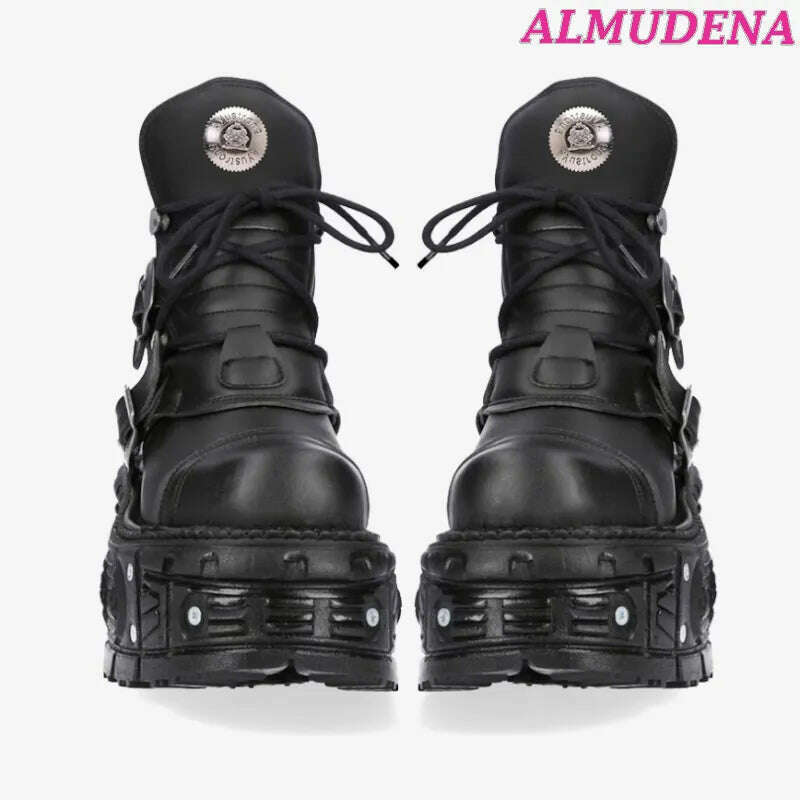 Black Punk Metal Buckled Boots Women Platform Thick Sole Lace up Rock Leather Shoes Vintage Luxury Designer Y2K Shoe Booties - KIMLUD