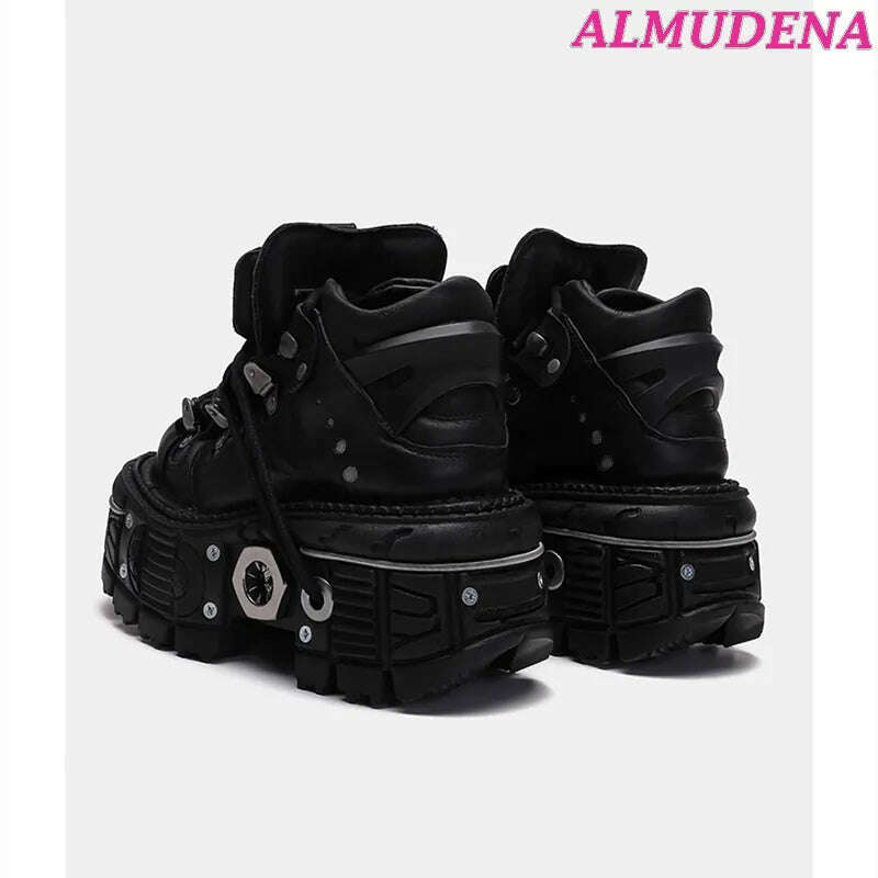Black Punk Metal Buckled Boots Women Platform Thick Sole Lace up Rock Leather Shoes Vintage Luxury Designer Y2K Shoe Booties - KIMLUD