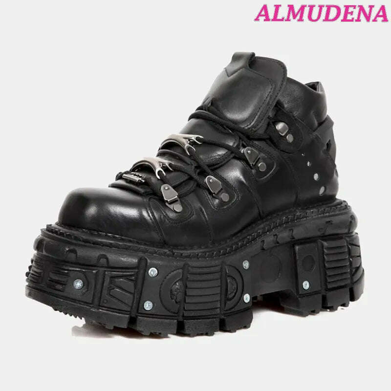 Black Punk Metal Buckled Boots Women Platform Thick Sole Lace up Rock Leather Shoes Vintage Luxury Designer Y2K Shoe Booties - KIMLUD