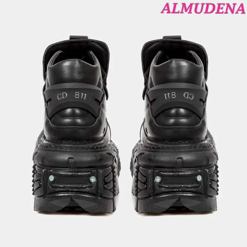 Black Punk Metal Buckled Boots Women Platform Thick Sole Lace up Rock Leather Shoes Vintage Luxury Designer Y2K Shoe Booties - KIMLUD
