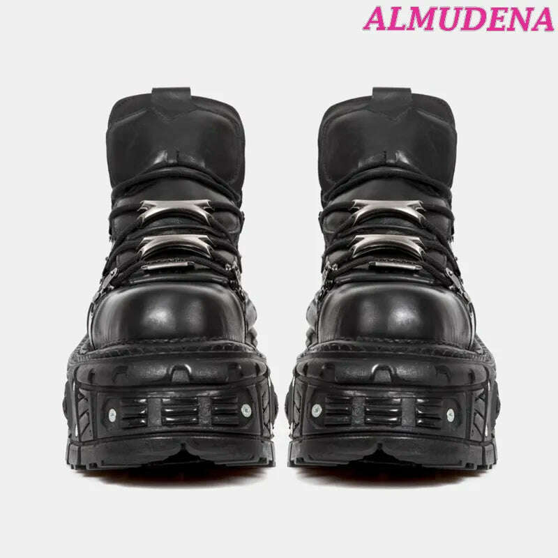 Black Punk Metal Buckled Boots Women Platform Thick Sole Lace up Rock Leather Shoes Vintage Luxury Designer Y2K Shoe Booties - KIMLUD