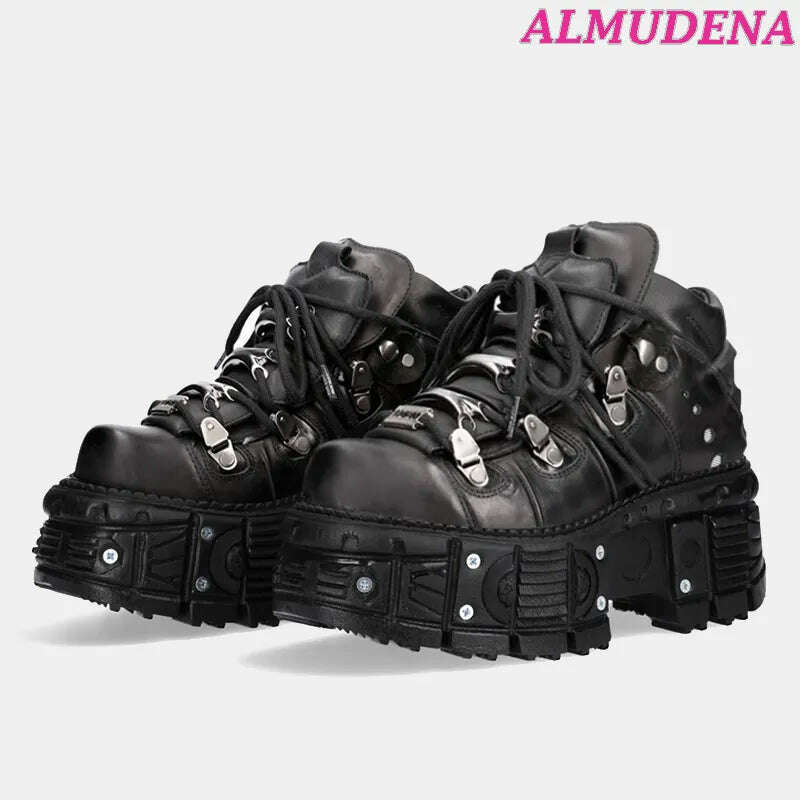 Black Punk Metal Buckled Boots Women Platform Thick Sole Lace up Rock Leather Shoes Vintage Luxury Designer Y2K Shoe Booties - KIMLUD