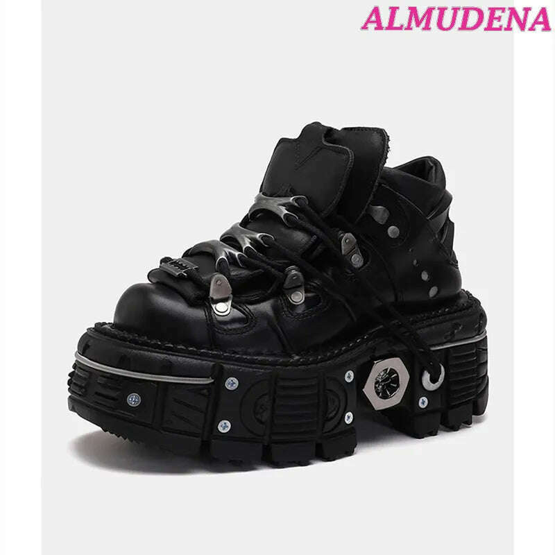 Black Punk Metal Buckled Boots Women Platform Thick Sole Lace up Rock Leather Shoes Vintage Luxury Designer Y2K Shoe Booties - KIMLUD